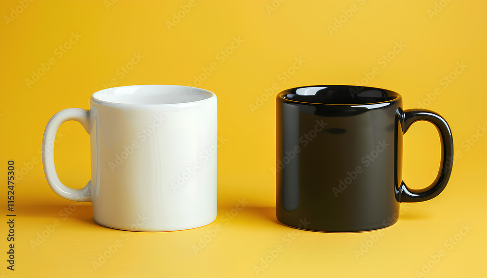 Black and white ceramic mugs on yellow background, flat lay. Space for text Black and white ceramic mugs on yellow background, flat lay. Space for text