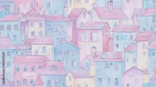 Pastel-colored houses, watercolor town scene