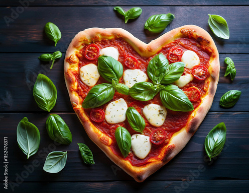 Pizza italiana a forma de corazon decorada con mozzarella tomates y albahaca 