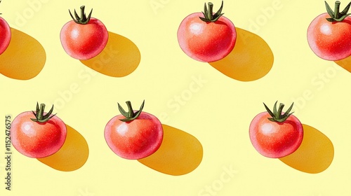 Sunlit red tomatoes arranged on pale yellow background