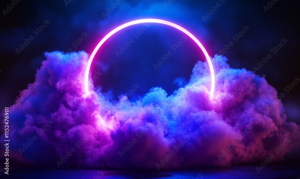Cloud Formation Illuminated with Blue and Purple Fluorescent Light. Dark Environment with Circle shaped Neon Frame. Cloud Formation Illuminated with Blue and Purple Fluorescent Light. Dark Environment with Circle shaped Neon Frame.