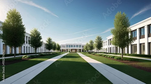 Wallpaper Mural Modern Educational Campus with Green Lawn, Symmetrical Pathways, and Trees Under a Clear Blue Sky

 Torontodigital.ca