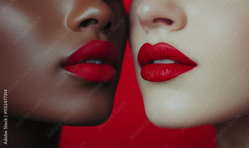 Close-up of two women's lips with red lipstick against a red background. Studio beauty portrait for design and print. Cosmetic and makeup concept. Mockup Close-up of two women's lips with red lipstick against a red background. Studio beauty portrait for design and print. Cosmetic and makeup concept. Mockup