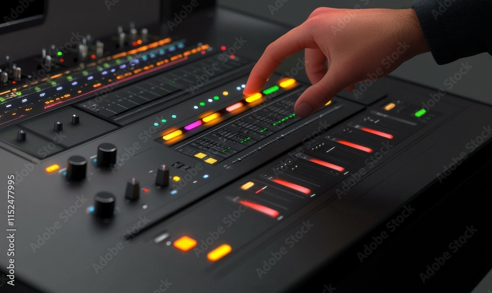 Hand adjusting sliders on a digital audio mixer, set against a sleek and modern podcast recording station. Hand adjusting sliders on a digital audio mixer, set against a sleek and modern podcast recording station.
