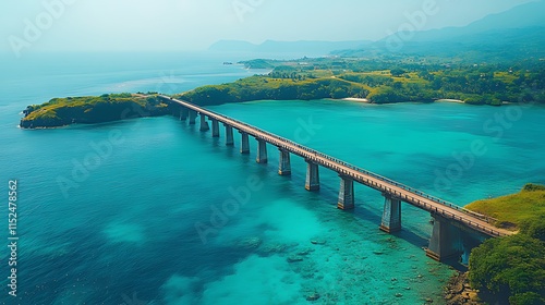 Wallpaper Mural Aerial view of a long bridge connecting two landmasses across a vibrant turquoise ocean. Torontodigital.ca