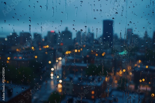 Rain-streaked window view of a city at night. photo