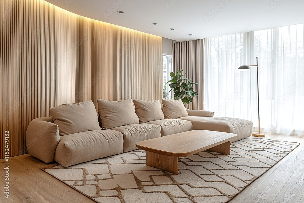Fototapeta premium Minimalist interior design of the living room with wood-finished walls and beige sofas and wood tables. Generative AI 