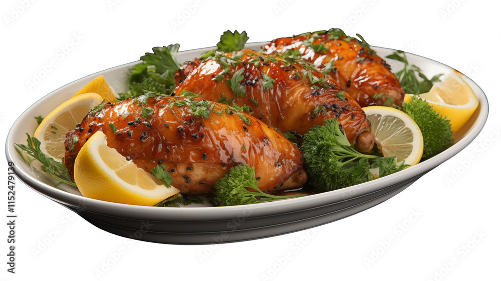 Perfectly spiced chicken drumsticks paired with fresh lemon and parsley, offering bold flavors on a plate, studio view, isolated on transparent background. Perfectly spiced chicken drumsticks paired with fresh lemon and parsley, offering bold flavors on a plate, studio view, isolated on transparent background.