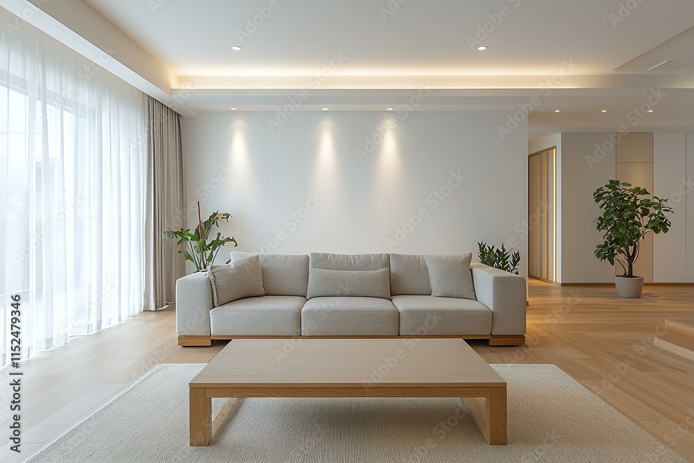 Fototapeta premium Minimalist, modern Scandinavian interior design in the living room with sofa and table. Generative AI 