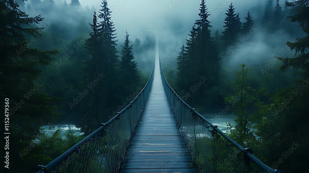 Obraz premium Misty suspension bridge over river in dark forest.