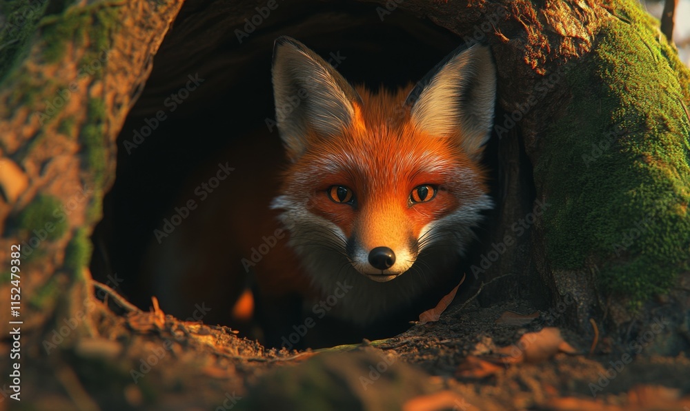 Naklejka premium Curious fox peering out from a den, its fiery orange fur contrasting with the earthy tones of the surroundings.