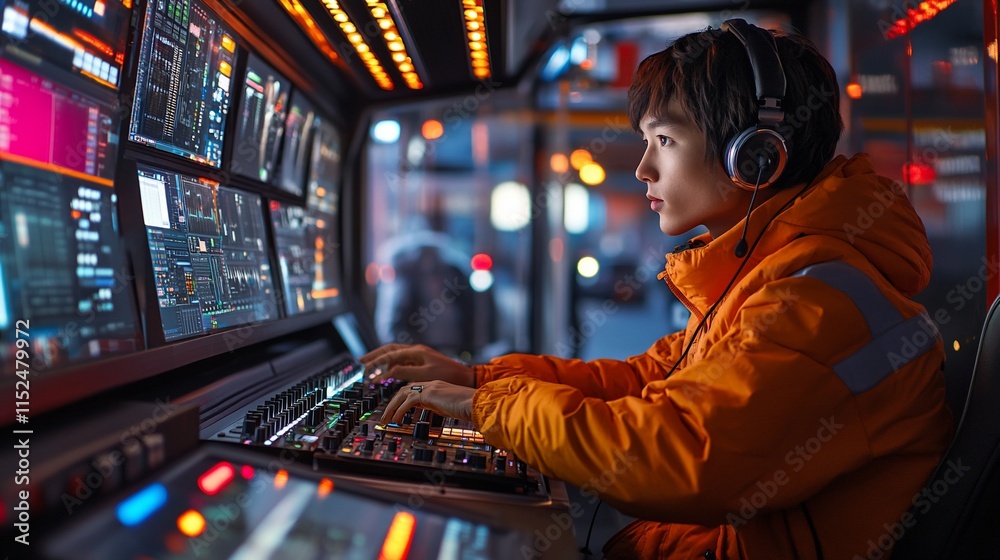 Young person in orange jacket operates a complex control panel at night. Young person in orange jacket operates a complex control panel at night.