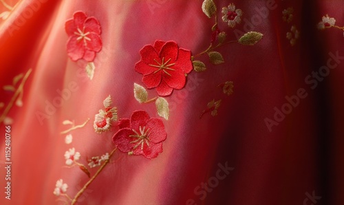 Detailed close-up of a Vietnamese ao dai dress, embroidered floral designs glowing against silk fabric. photo