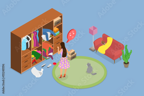 3D Isometric Flat Vector Illustration of Chaos In Open Closet, Messy Clothes in Wardrobe