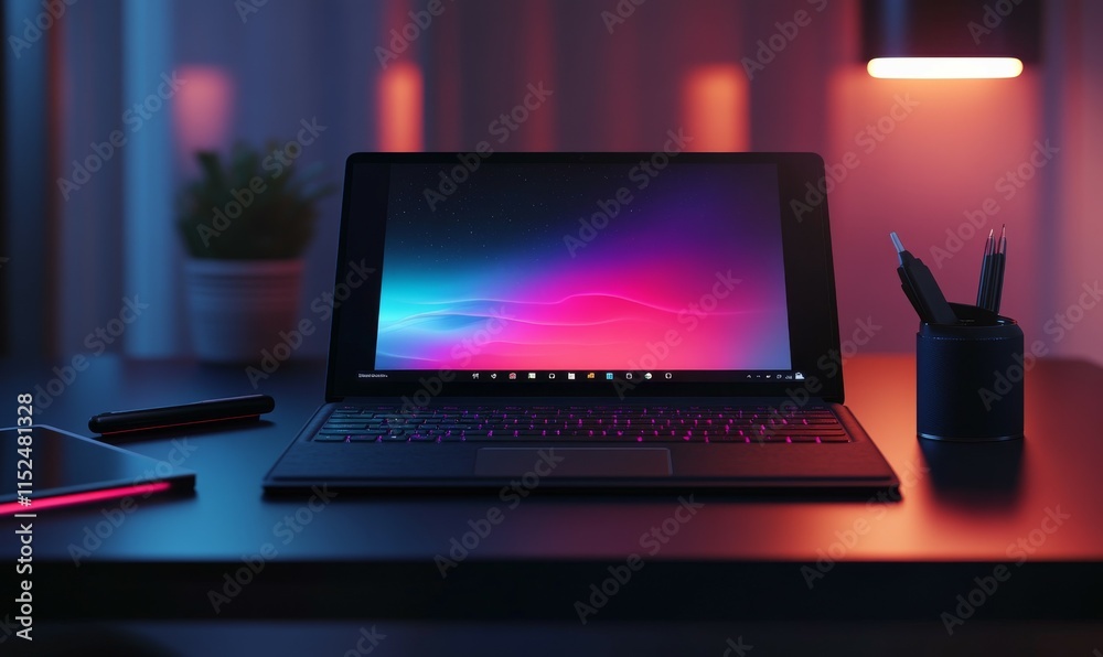Freelance workspace with an open laptop, stylus pen, tablet, and a glowing desk lamp on a sleek surface. Freelance workspace with an open laptop, stylus pen, tablet, and a glowing desk lamp on a sleek surface.