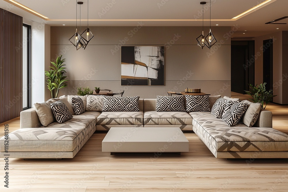 Fototapeta premium Mid century Modern Interior Design in the living room with pendant lighting and art frames visible and sofa and patterned cushions. Generative AI 