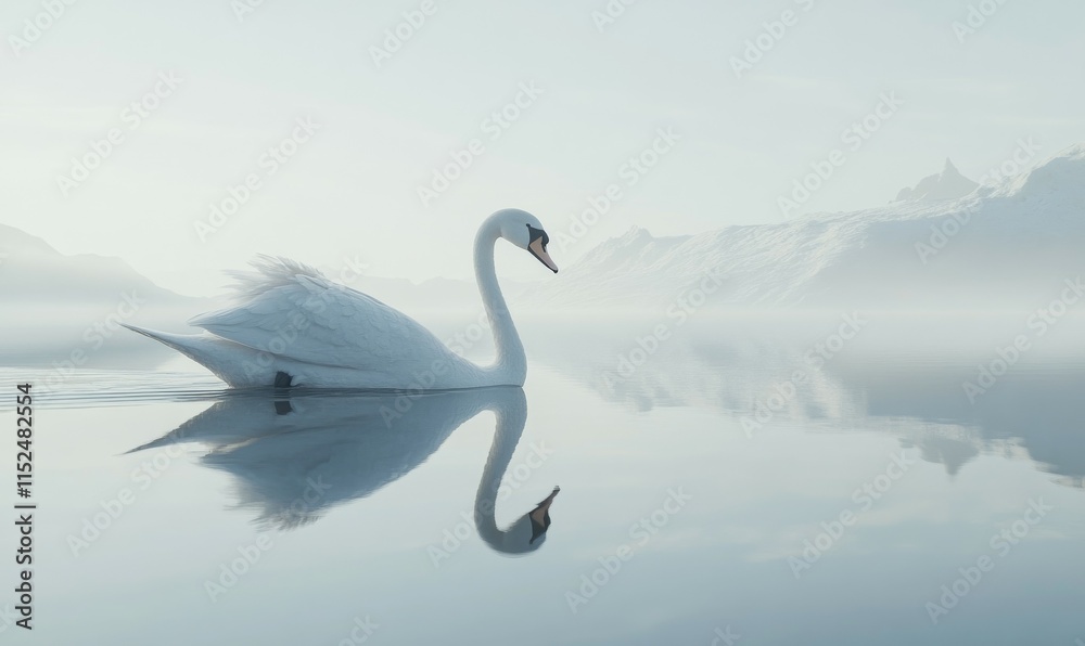 Obraz premium Elegant swan gliding across a still lake, its reflection perfectly mirrored in the glassy water.