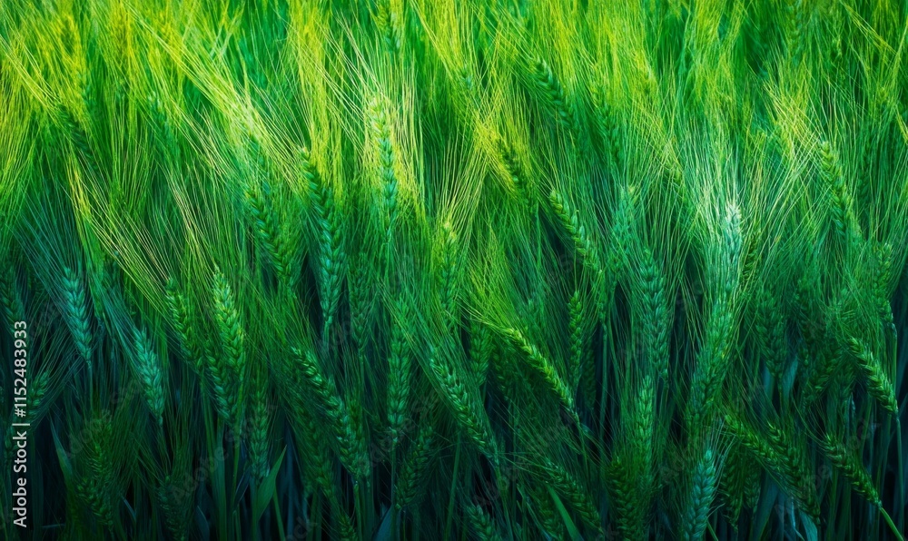 Field of vibrant green wheat stalks, symbol of agricultural health and growth Field of vibrant green wheat stalks, symbol of agricultural health and growth