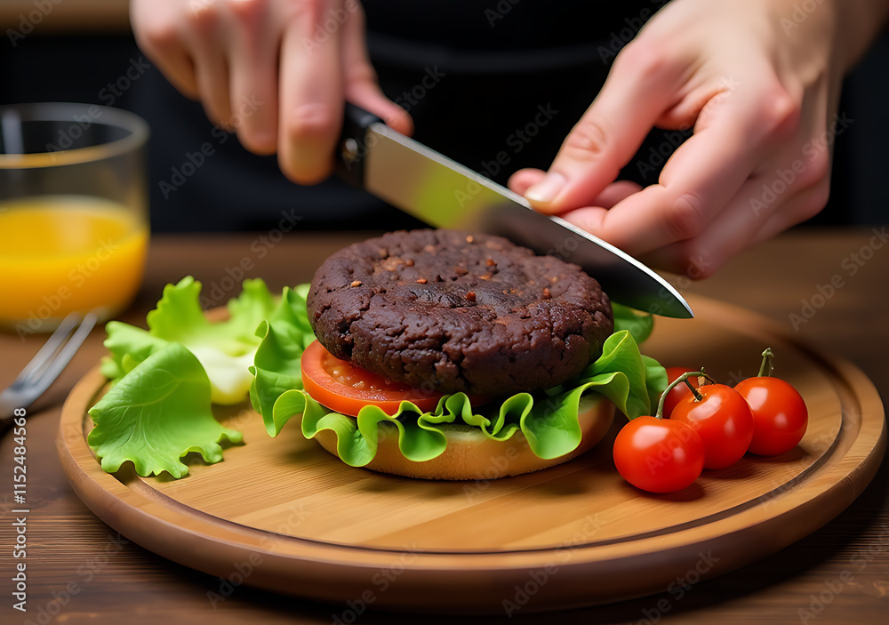 cutting delicious black burger neat portions easy cutting delicious black burger neat portions easy