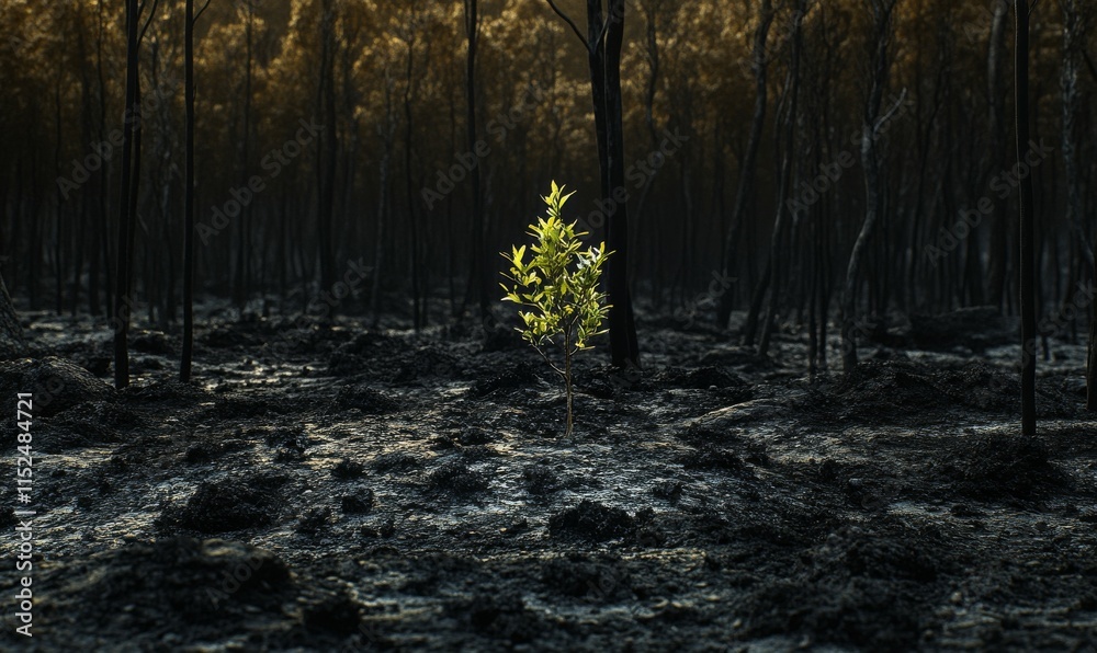 Naklejka premium Forest burnt to ash, with a single green sapling growing in stark contrast.