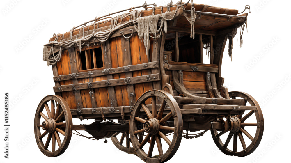Fototapeta premium An old wooden wagon cart placed in a rustic setting, highlighting vintage charm and agricultural use, studio view, isolated on transparent background.