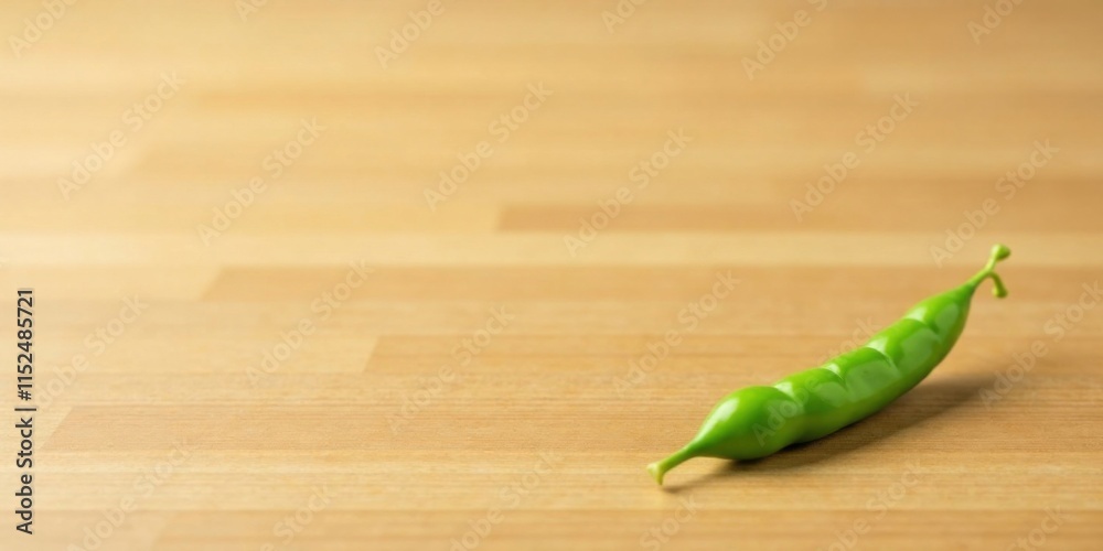 A single vibrant green pea pod rests gently on a light brown wooden surface, exhibiting its fresh, natural form