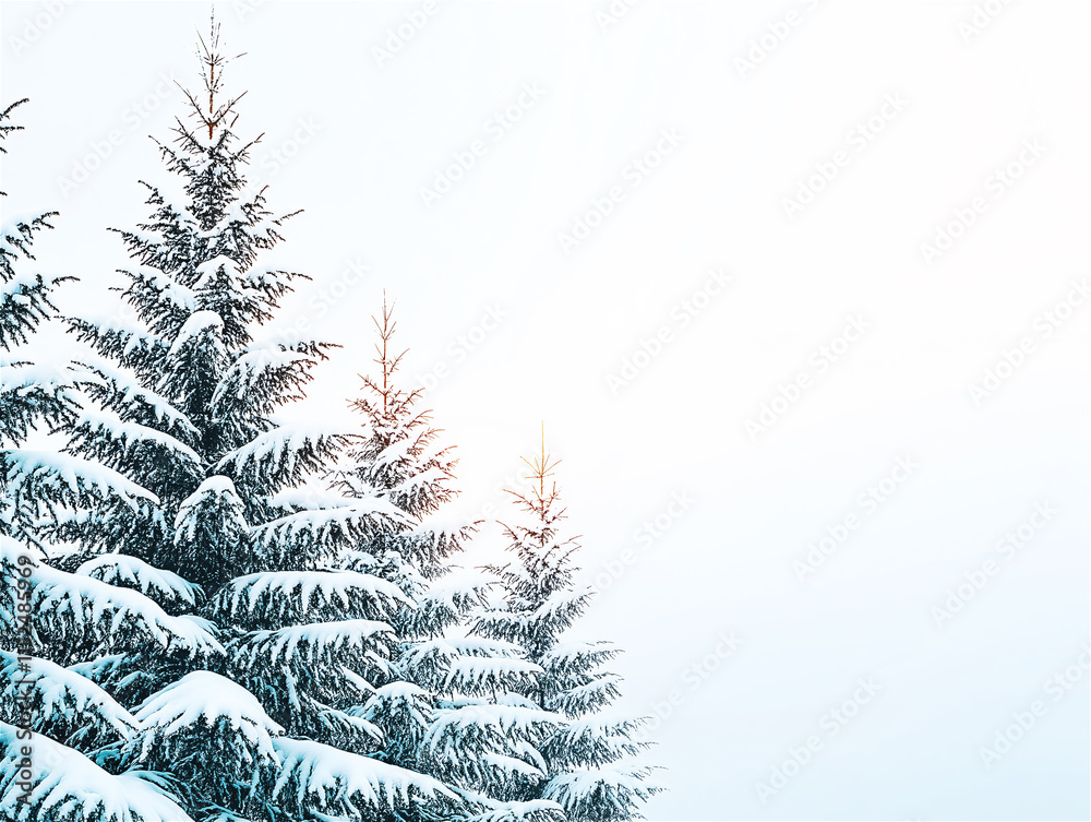Obraz premium Snow-covered evergreen trees against a bright winter sky. A serene and peaceful depiction of a cold but beautiful snowy landscape.