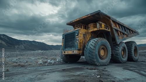 Large yellow mining dump truck in a quarry.