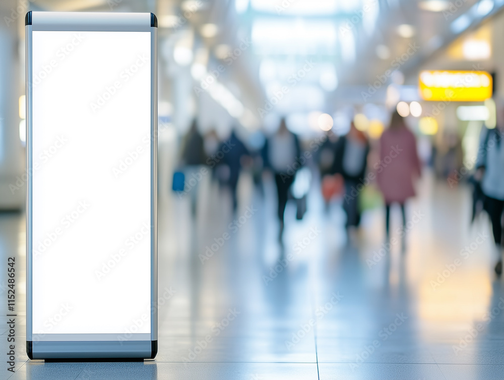Busy airport terminal with blank advertising display and passengers in motion during daytime Busy airport terminal with blank advertising display and passengers in motion during daytime