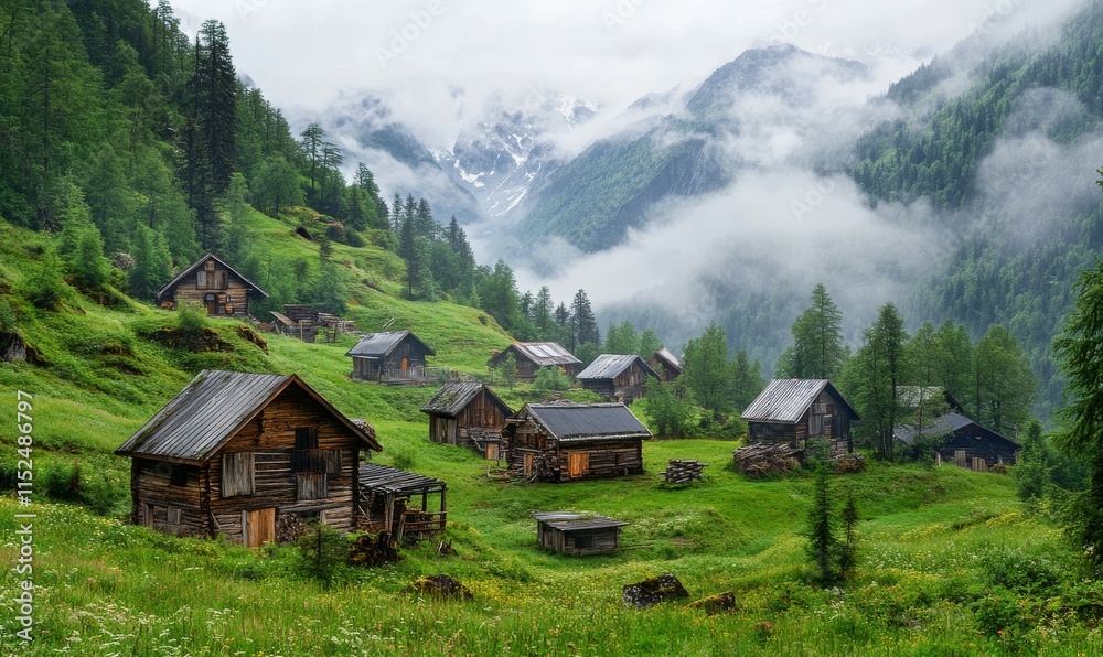 Hidden mountain village with rustic cabins, nestled in a lush valley surrounded by misty peaks. Hidden mountain village with rustic cabins, nestled in a lush valley surrounded by misty peaks.
