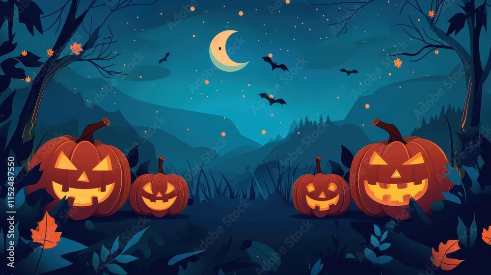 A whimsical Halloween scene with glowing jack-o'-lanterns, bats, and a crescent moon against a dark, starry backdrop. A whimsical Halloween scene with glowing jack-o'-lanterns, bats, and a crescent moon against a dark, starry backdrop.