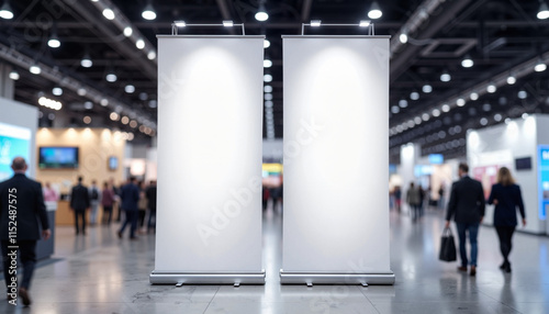Blank roll-up banners at busy trade show exhibition hall