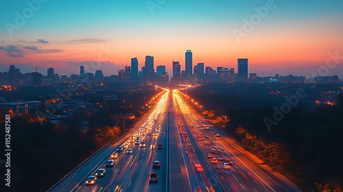 City skyline at sunset with highway traffic light trails.