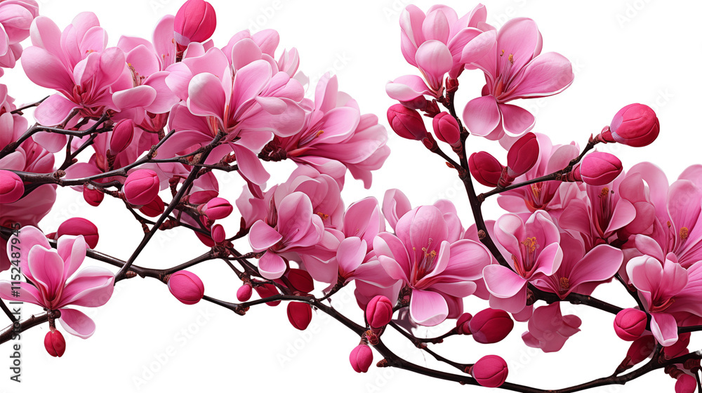 Naklejka premium Bright pink blossoms of Eastern Redbud trees in full bloom, showcasing the beauty of spring, studio view, isolated on transparent background.