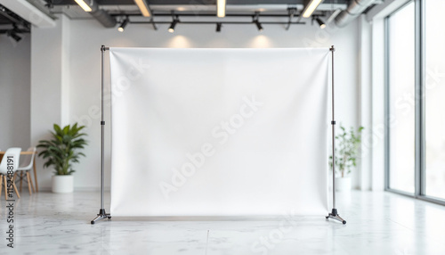 White trade show banner mockup in modern office space