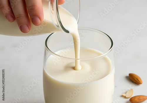 pouring almond milk mixes sliced almonds creating tasty beverage without added nut