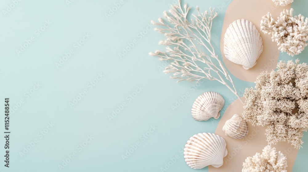 A minimalist arrangement of seashells, coral, and dried flowers on a soft blue and beige background. A minimalist arrangement of seashells, coral, and dried flowers on a soft blue and beige background.