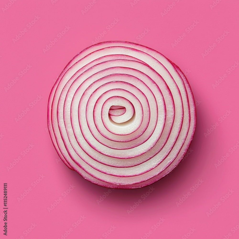 A vibrant cross-section of a red onion against a pink background, showcasing its layered structure and vivid colors. A vibrant cross-section of a red onion against a pink background, showcasing its layered structure and vivid colors.