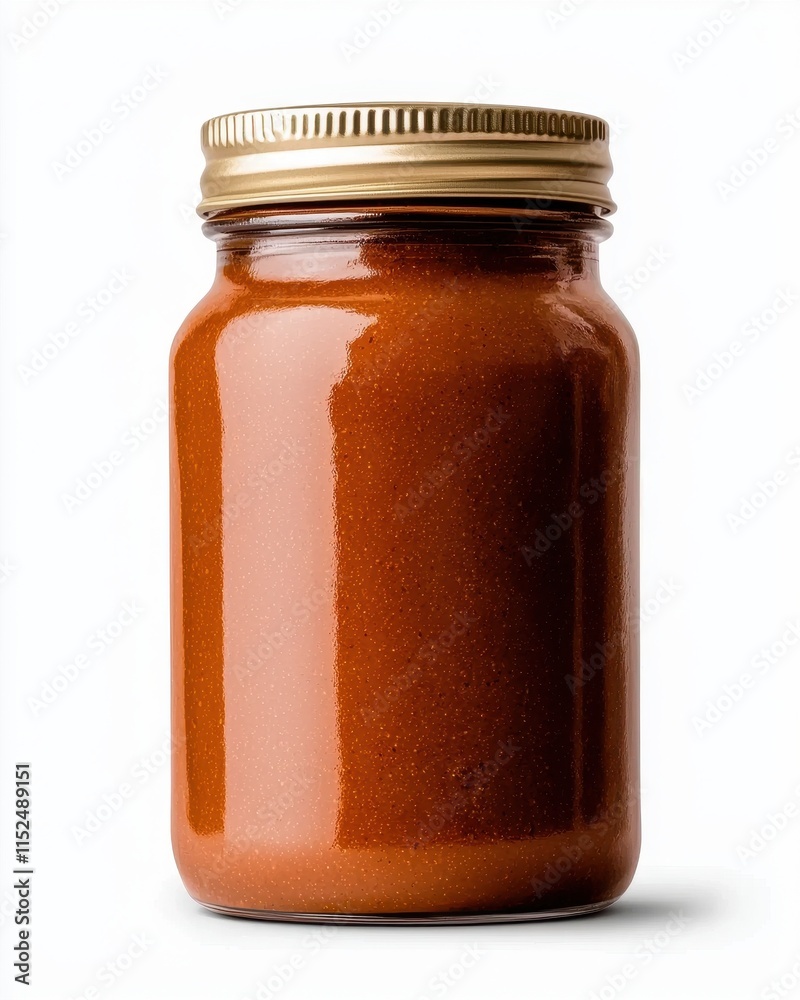 A glass jar filled with a rich, brown substance, featuring a metallic lid and a smooth surface, set against a light background. A glass jar filled with a rich, brown substance, featuring a metallic lid and a smooth surface, set against a light background.