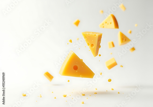 small pieces flying cheese suspended crisp white photo