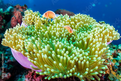 Konstfotografi Pink Skunk Clownfish (Amphiprion perideraion) in their host anemone on a tropica