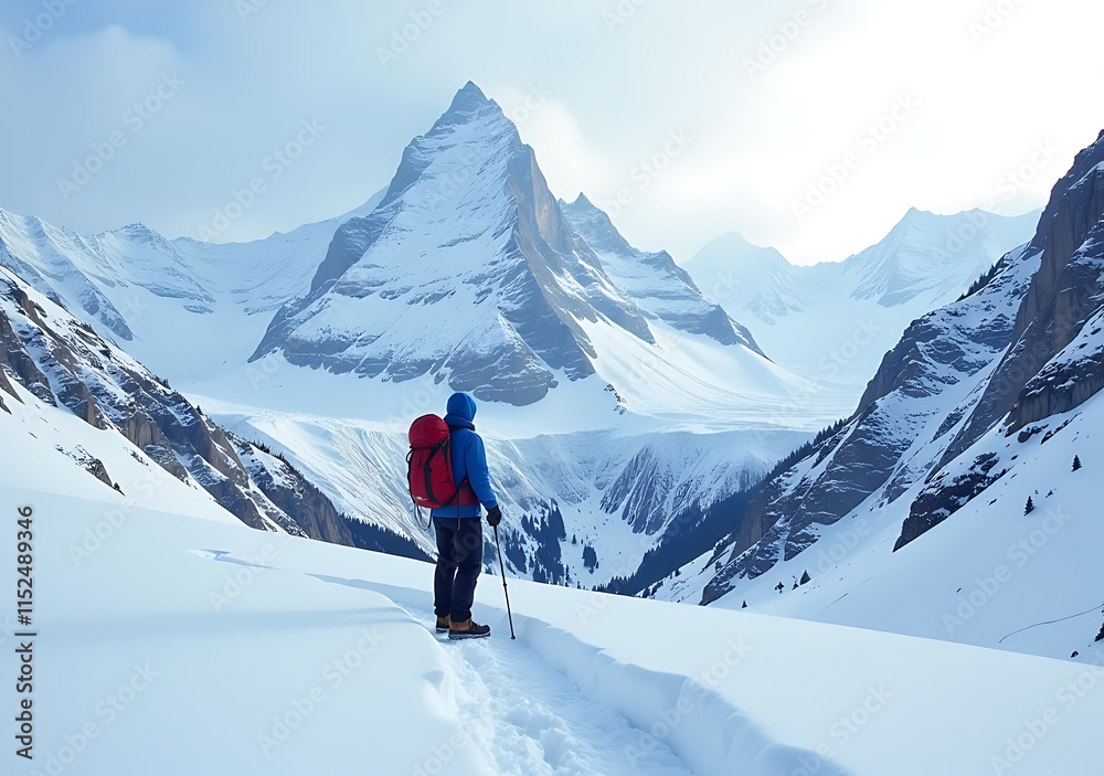 snowy mountain scene hiker standing alone frozen backdrop snowy mountain scene hiker standing alone frozen backdrop