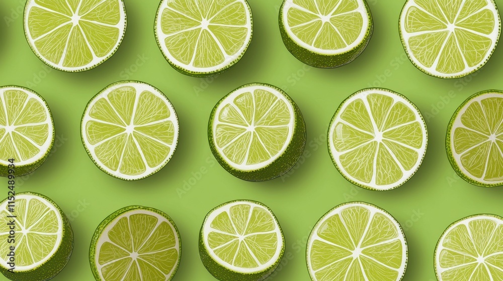 A vibrant arrangement of sliced limes on a green background, showcasing the fruit's juicy texture and refreshing color. A vibrant arrangement of sliced limes on a green background, showcasing the fruit's juicy texture and refreshing color.