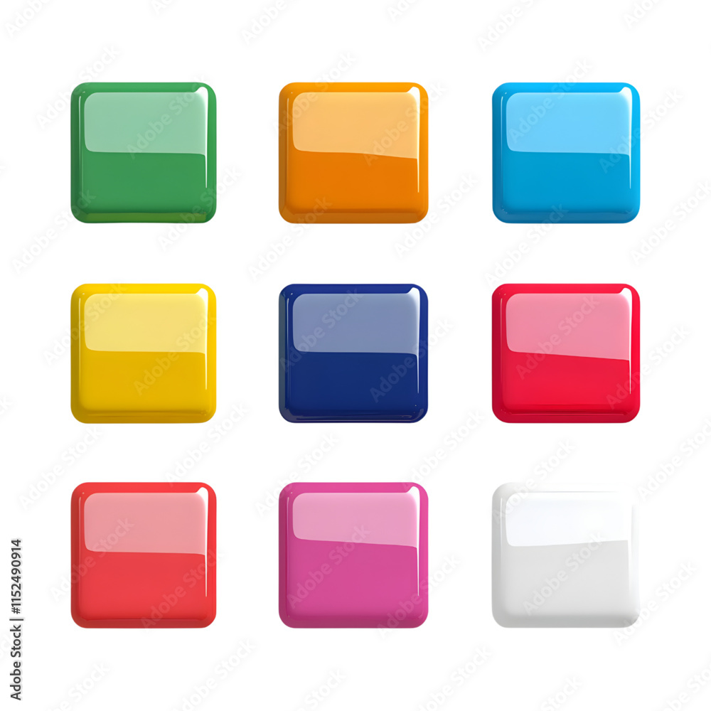 Colorful glossy square UI buttons in a modern minimalist style Colorful glossy square UI buttons in a modern minimalist style