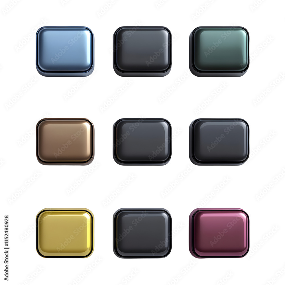 Minimalist glossy square UI buttons with dark tones and metallic accents Minimalist glossy square UI buttons with dark tones and metallic accents