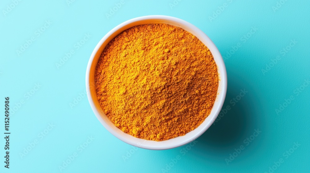 A vibrant bowl of bright orange turmeric powder against a teal background, showcasing its fine texture and rich color. A vibrant bowl of bright orange turmeric powder against a teal background, showcasing its fine texture and rich color.