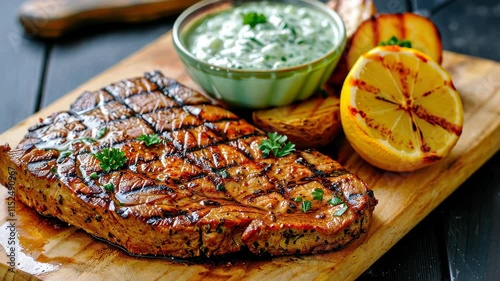 A savory Greek steak seasoned with lemon and oregano, served with roasted potatoes and creamy tzatziki on a clean backdrop.