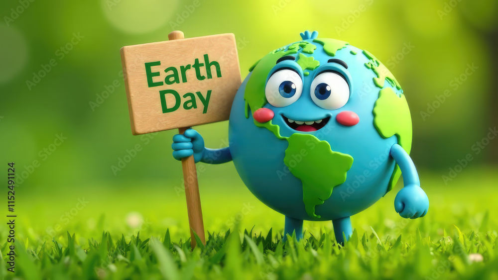 Obraz premium A cheerful cartoon Earth character holds a sign that says 