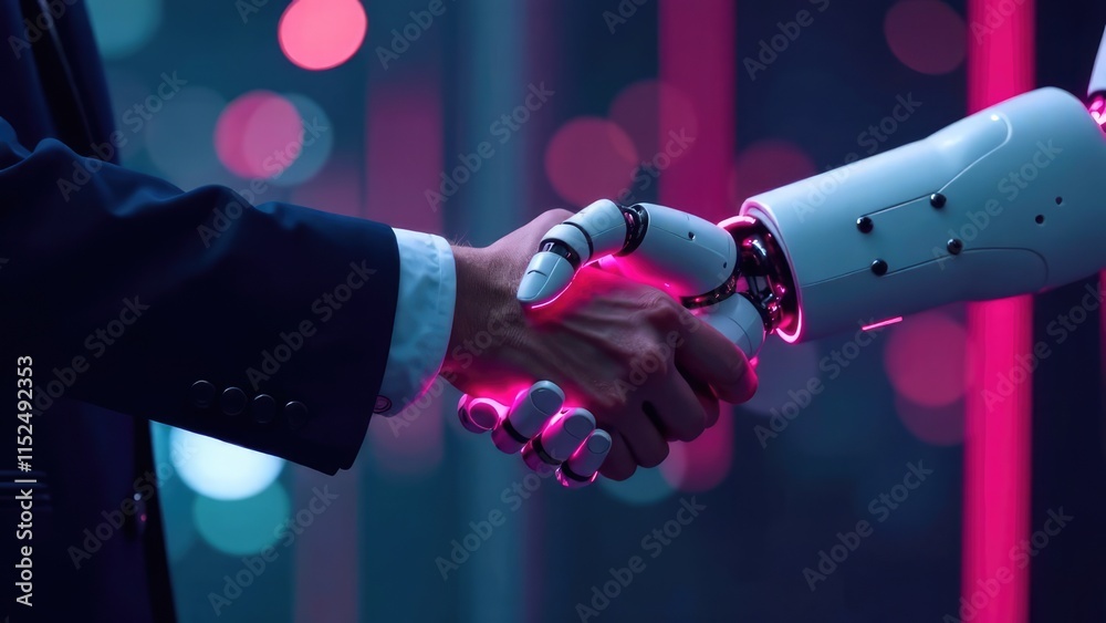 custom made wallpaper toronto digitalA human hand and a robotic hand are shown shaking against a blurred, colorful background. Concept of Technological partnership.
