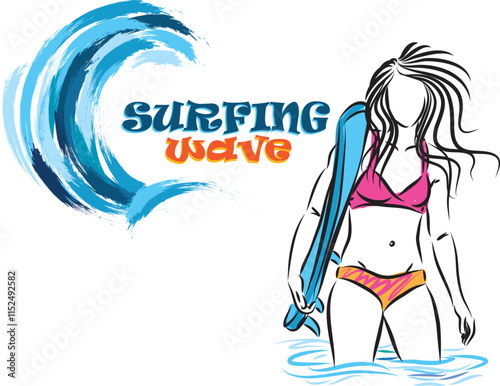 surfing wave bikini girl on the beach